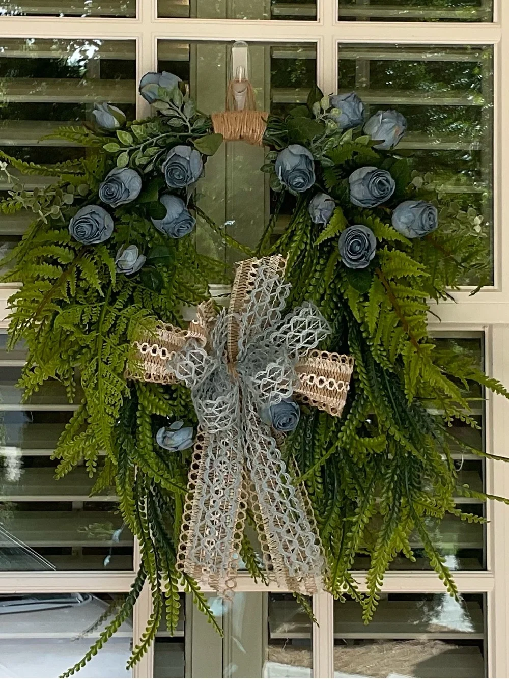 Blue Rose and Fern Holiday Wreath with Decorative Bow